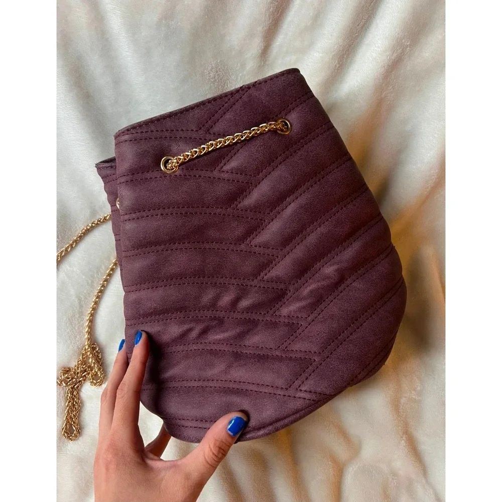 Burgundy Faux Suede Chevron Quilted Bucket Bag Gold Chain Strap Plum Handbag